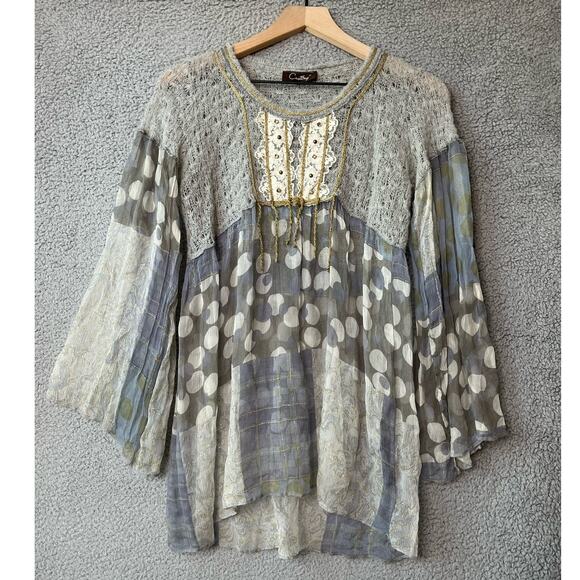 Casting Top Small XS Sheer Sparkle Knit Embroidery Dot Long Sleeve Boho Art - Picture 1 of 16